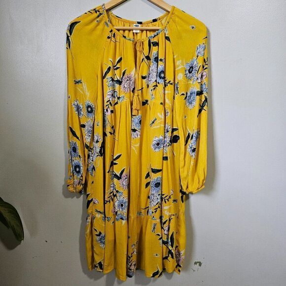 EUC LIK NEW OLD NAVY YELLOW FLORAL SWING STYLE LONGSLEEVES TIERED SHORT DRESS M - Picture 1 of 16